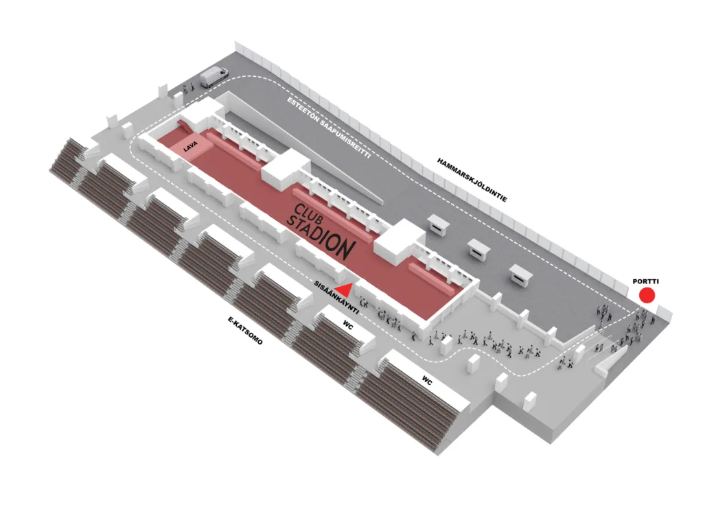 3D pohjapiirustus club stadionin tilasta sekä sisäänkulku Hammarsköldintien portista. Esteetön saapumisreitti kiertää rampin kautta.