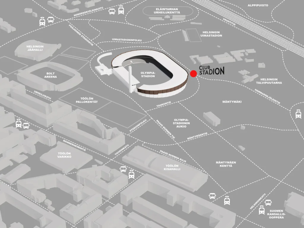 Karttakuva Töölöstä, jossa esitetään Club Stadionin sijainti Olympiastadionin itäisellä sivulla Hammarskjöldintien / Helsingin talvipuutarhan / Uimastadionin puolella